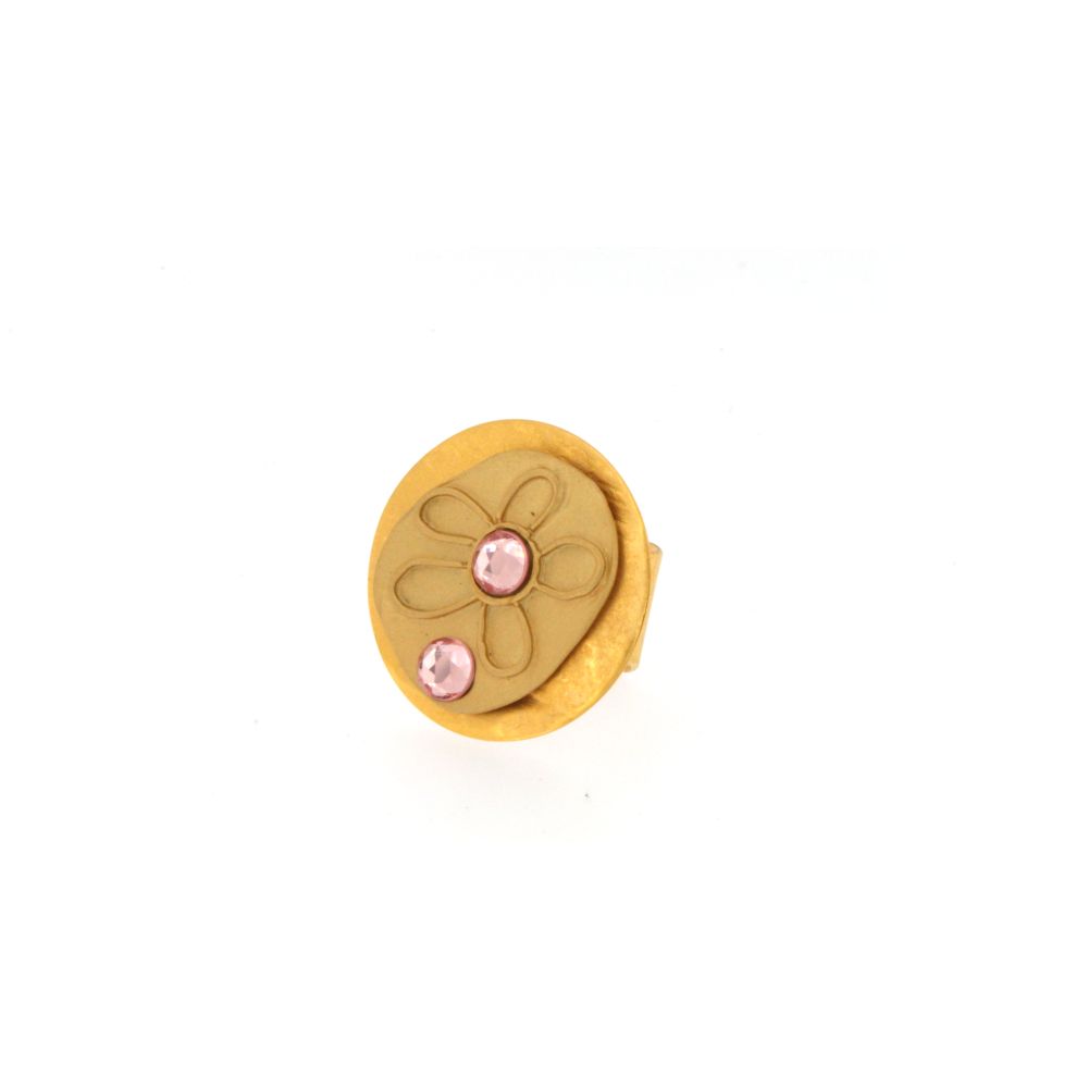 ANELLO TONDO DORATO BATTUTO FIORE E STRASS-ROSA