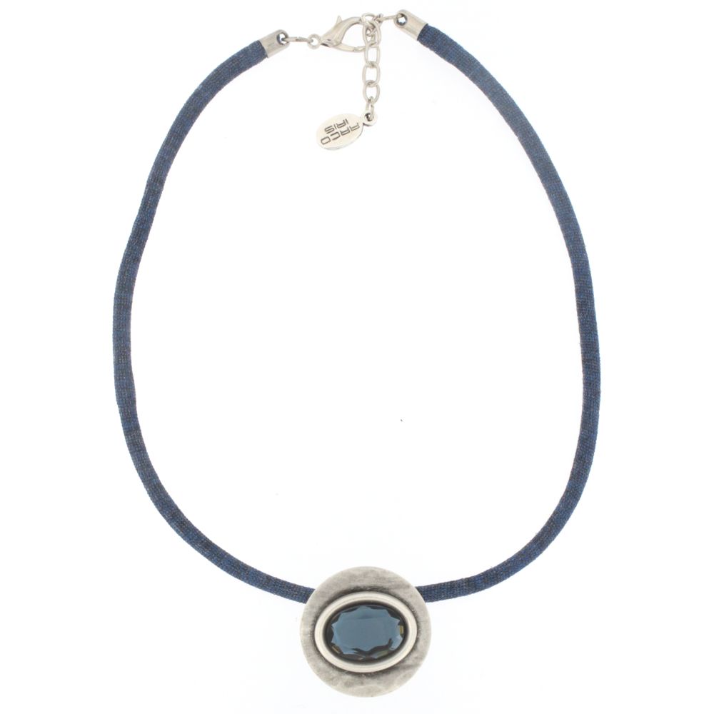 COLLANA CORDINO METALLICO BLU CON TONDO ARGENTATO E PIETRA OVALE