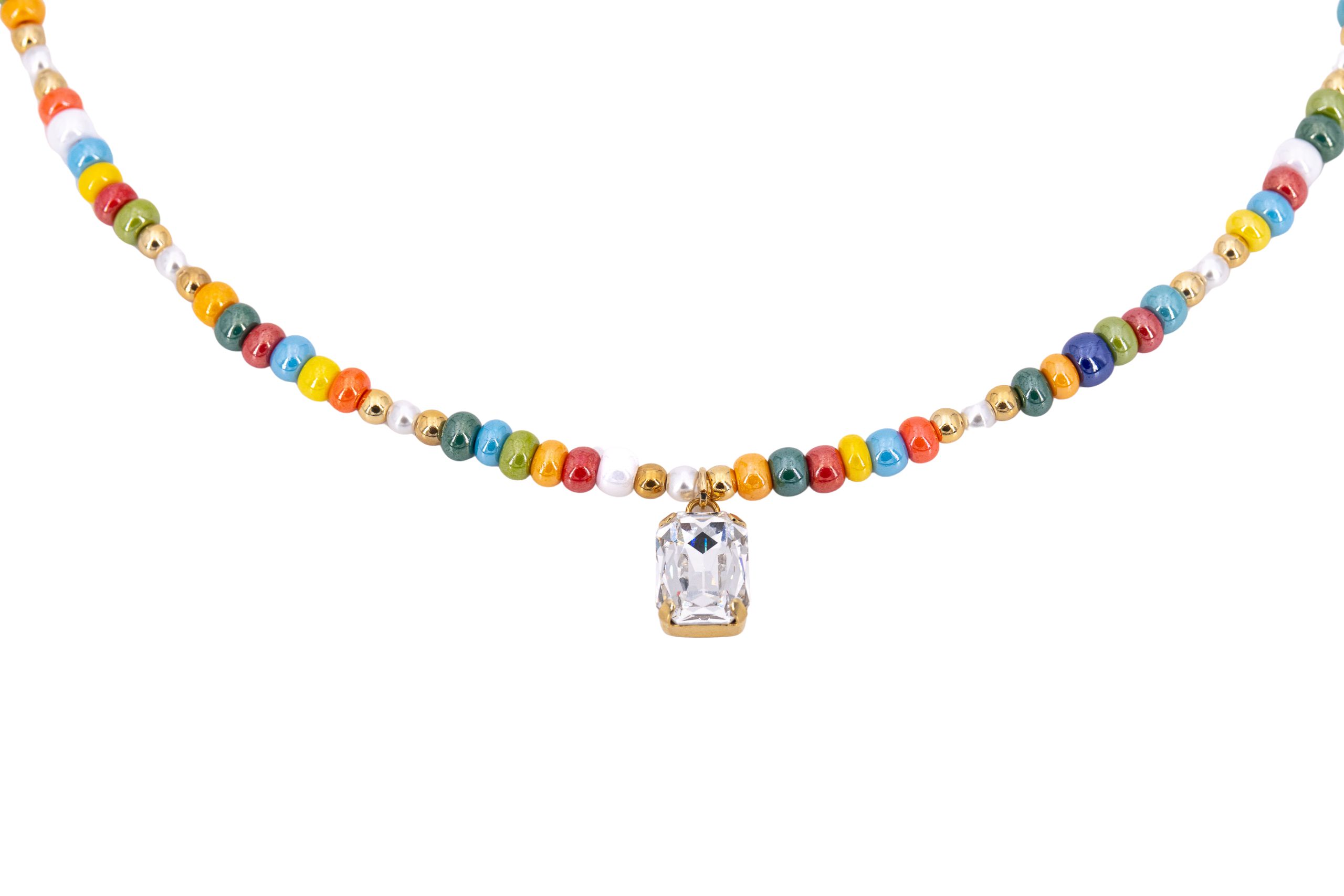 Collana corta cavo acciaio e zama con quadro e perline vetro