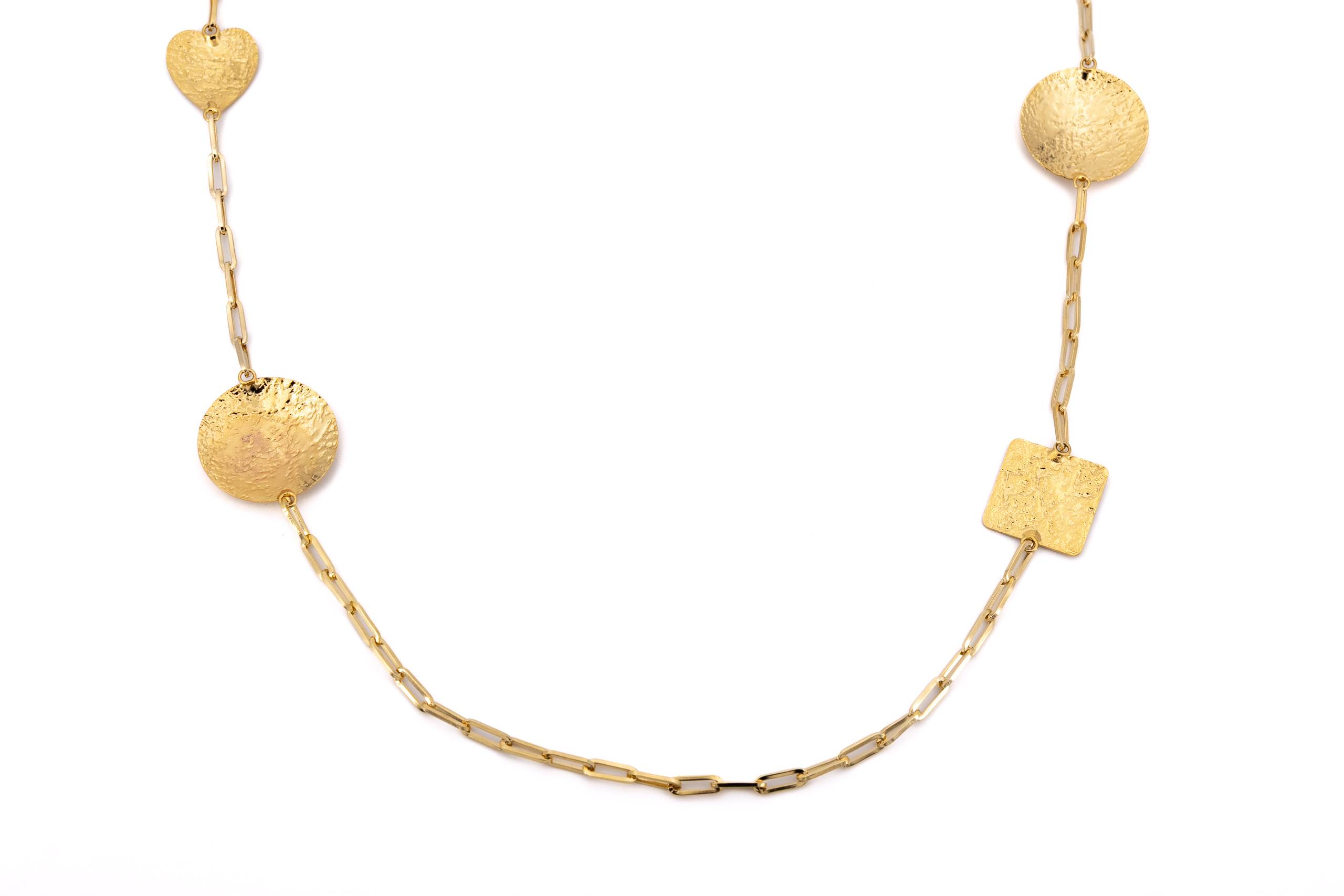 Collana lunga ottone quadro,tondo,cuore martellati lucidi