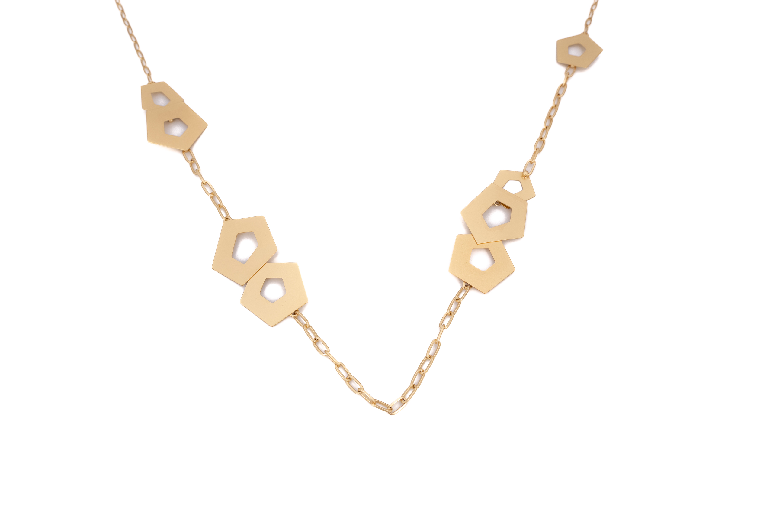 Collana catena lunga ottone pentagoni stilizzati opachi