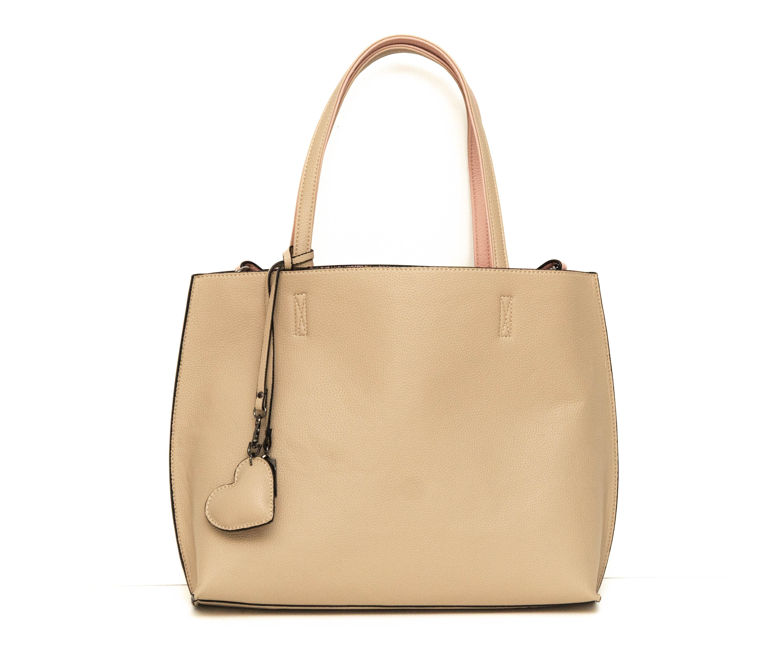Borsa similpelle con pochette double-face beige-rosa